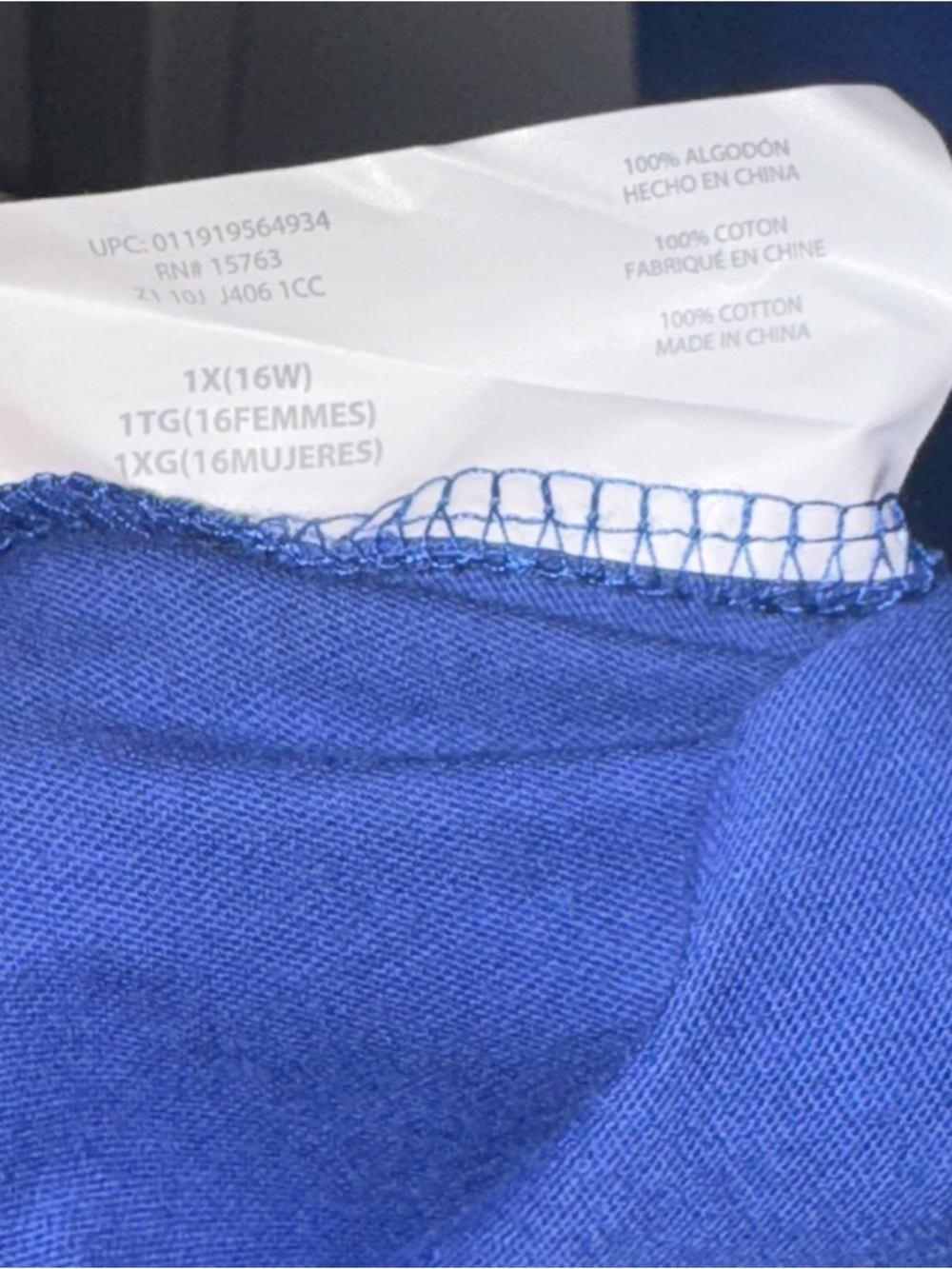 Just My Size Women’s Plus 1X Blue Cotton Knit Top Johnny Collar 3/4 Sleeve NWT - Picture 4 of 7